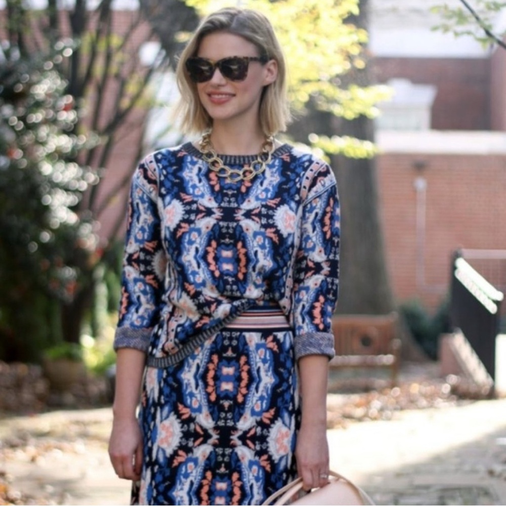 Anthropologie Blue Navy and Coral Printed Long Sleeve Top
